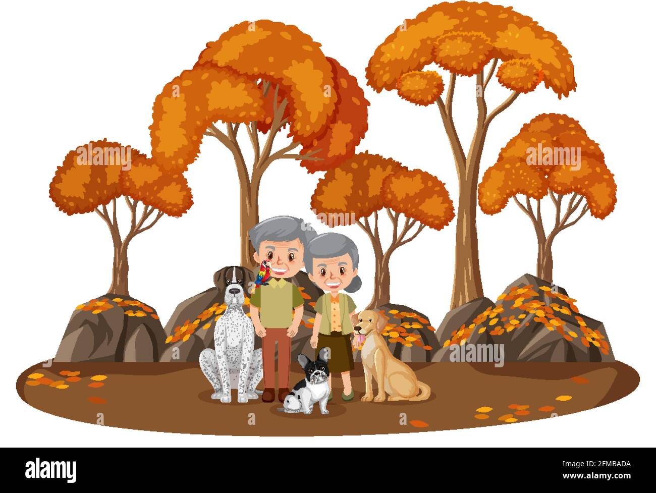 Old couple with their dog in the park isolated illustration Stock ...