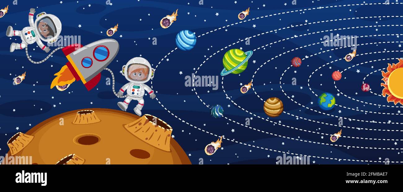 Solar system in the galaxy with an astronaut and a rocket ship illustration  Stock Vector Image & Art - Alamy