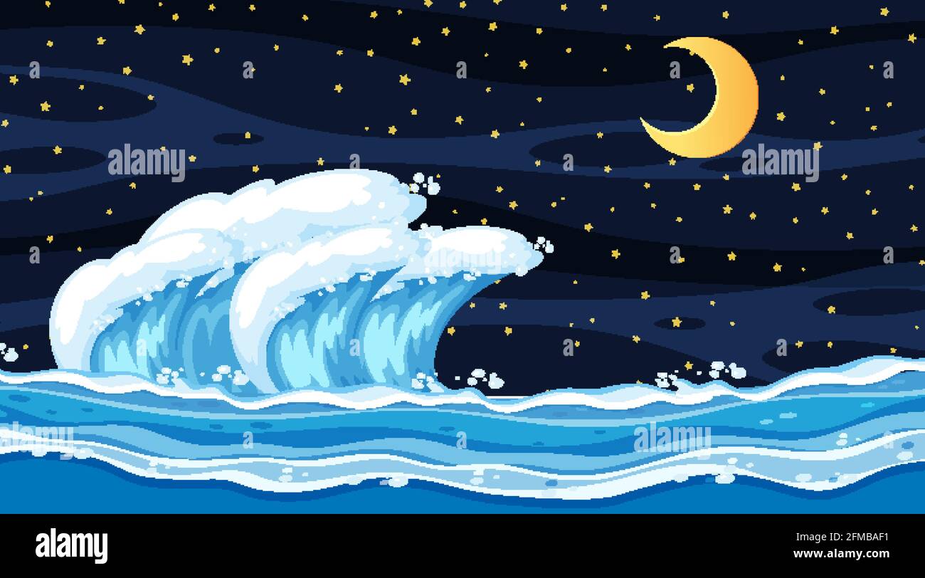 Beach landscape at night scene with ocean wave illustration Stock ...