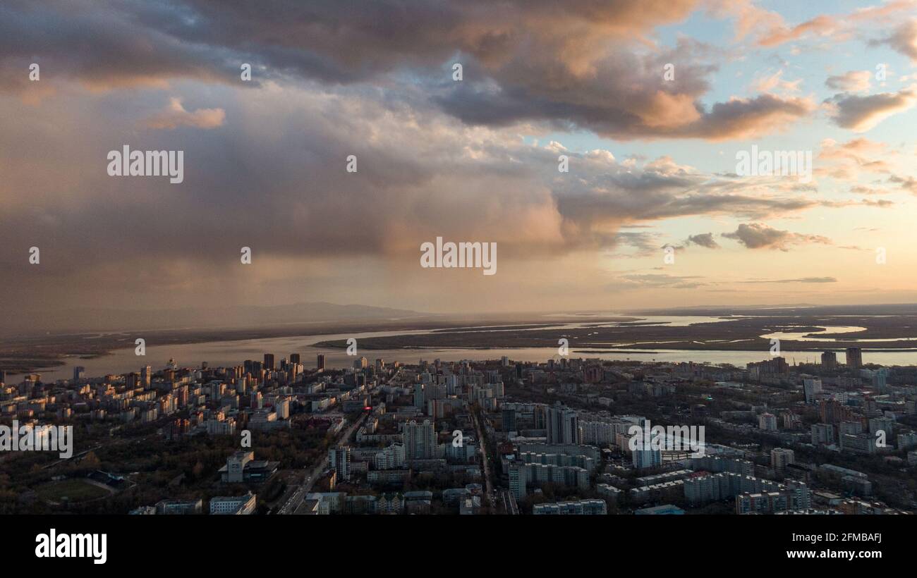 Khabarovsk city top view sunset beautiful clouds in the rain Stock ...