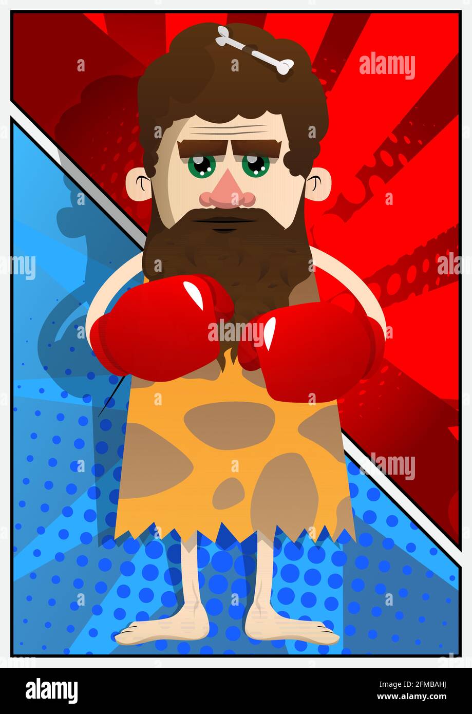 Cartoon prehistoric man holding his fists in front of him ready to fight wearing boxing gloves. Vector illustration of a man from the stone age. Stock Vector