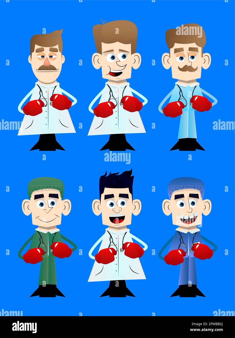 Funny cartoon doctor holding his fists in front of him ready to fight wearing boxing gloves. Vector illustration. Stock Vector