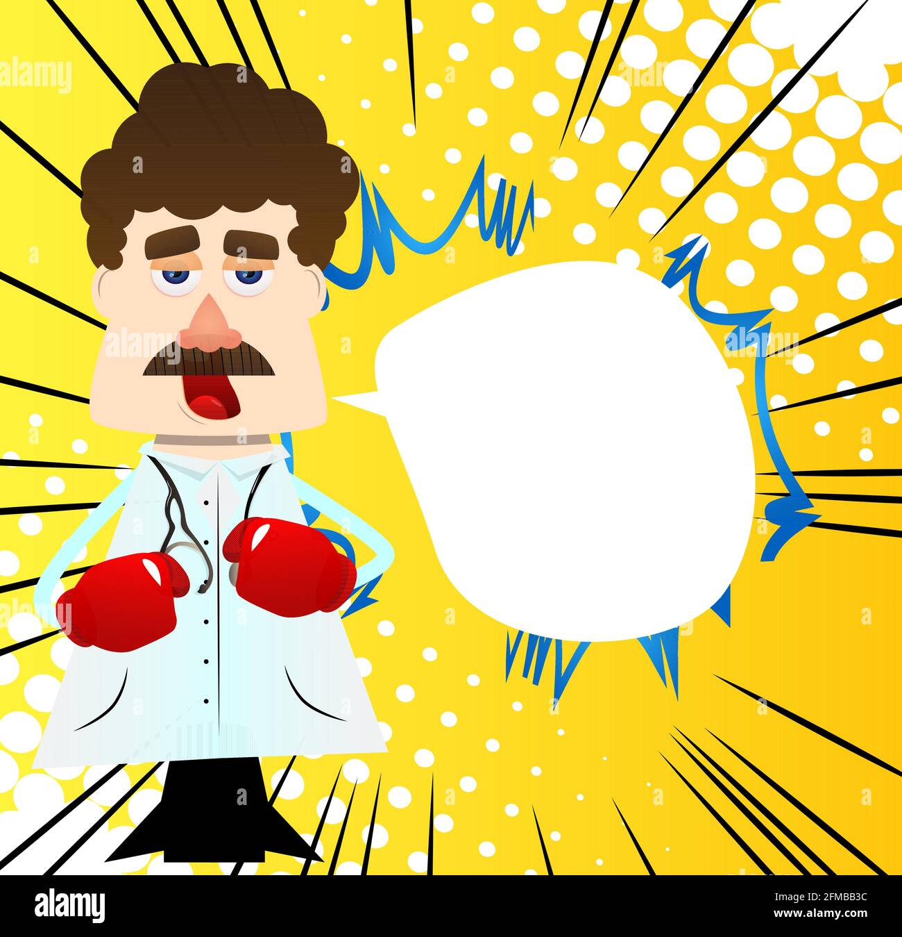 Funny cartoon doctor holding his fists in front of him ready to fight wearing boxing gloves. Vector illustration. Stock Vector