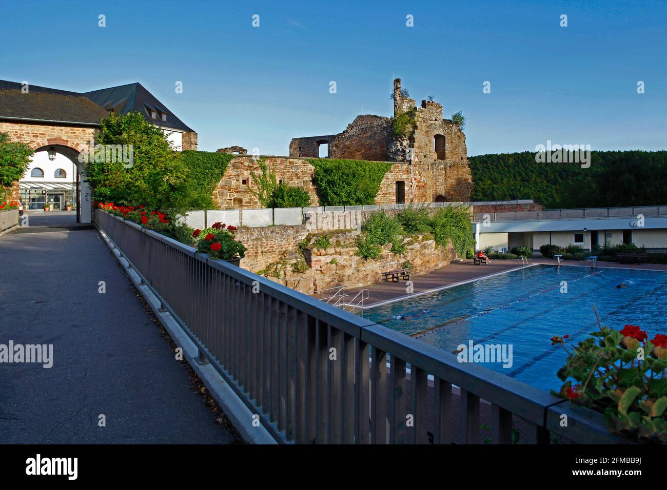Altleiningen Castle, youth hostel, heated outdoor pool, Castle Festival, Altleiningen, district. Bad Dürkheim, Rhineland-Palatinate, Germany Stock Photo