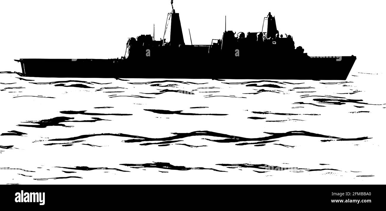 Military Ship at sea vector illustration in black on white background Stock Vector
