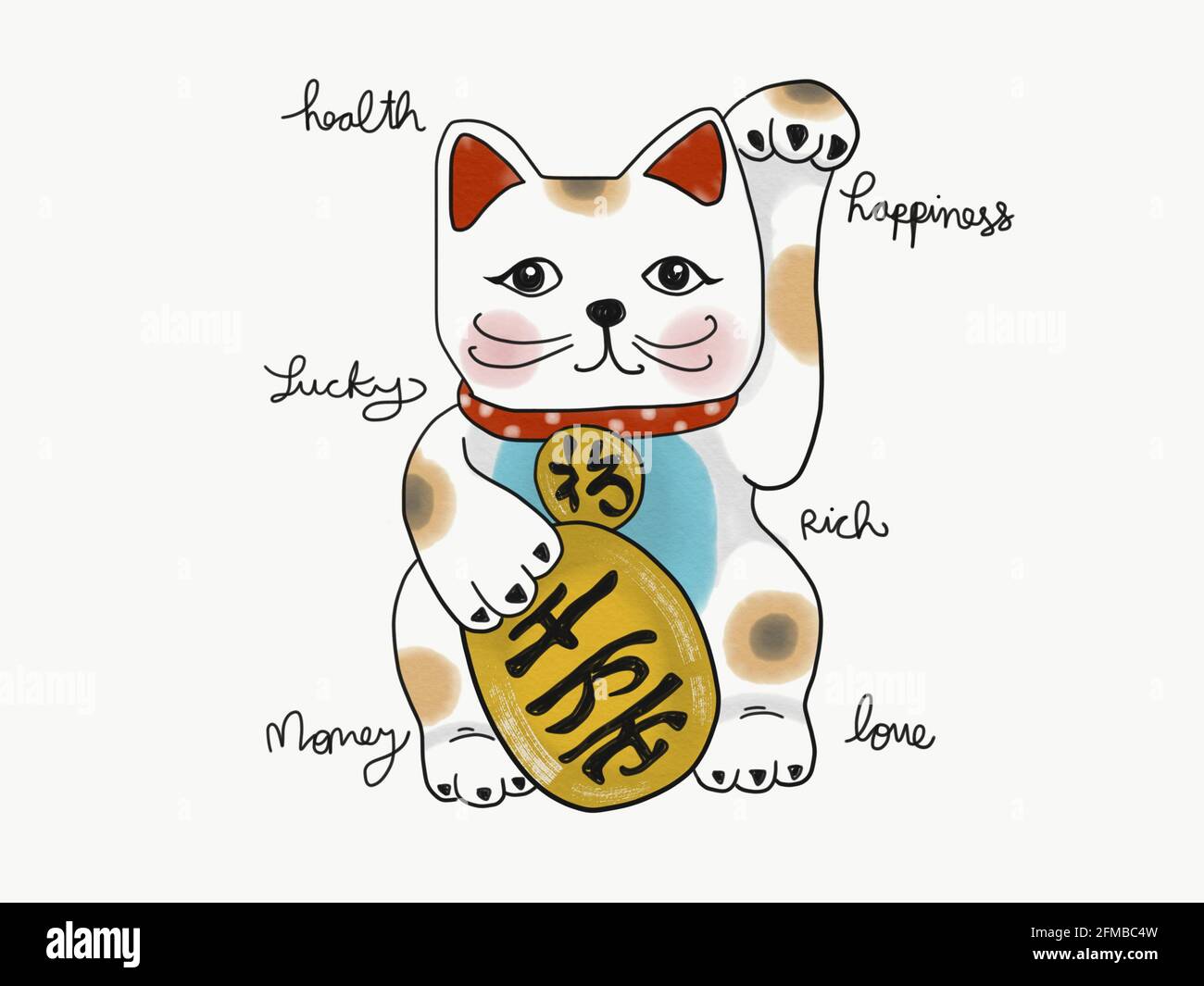 Cute white lucky cat with Japanese word mean lucky and Happiness