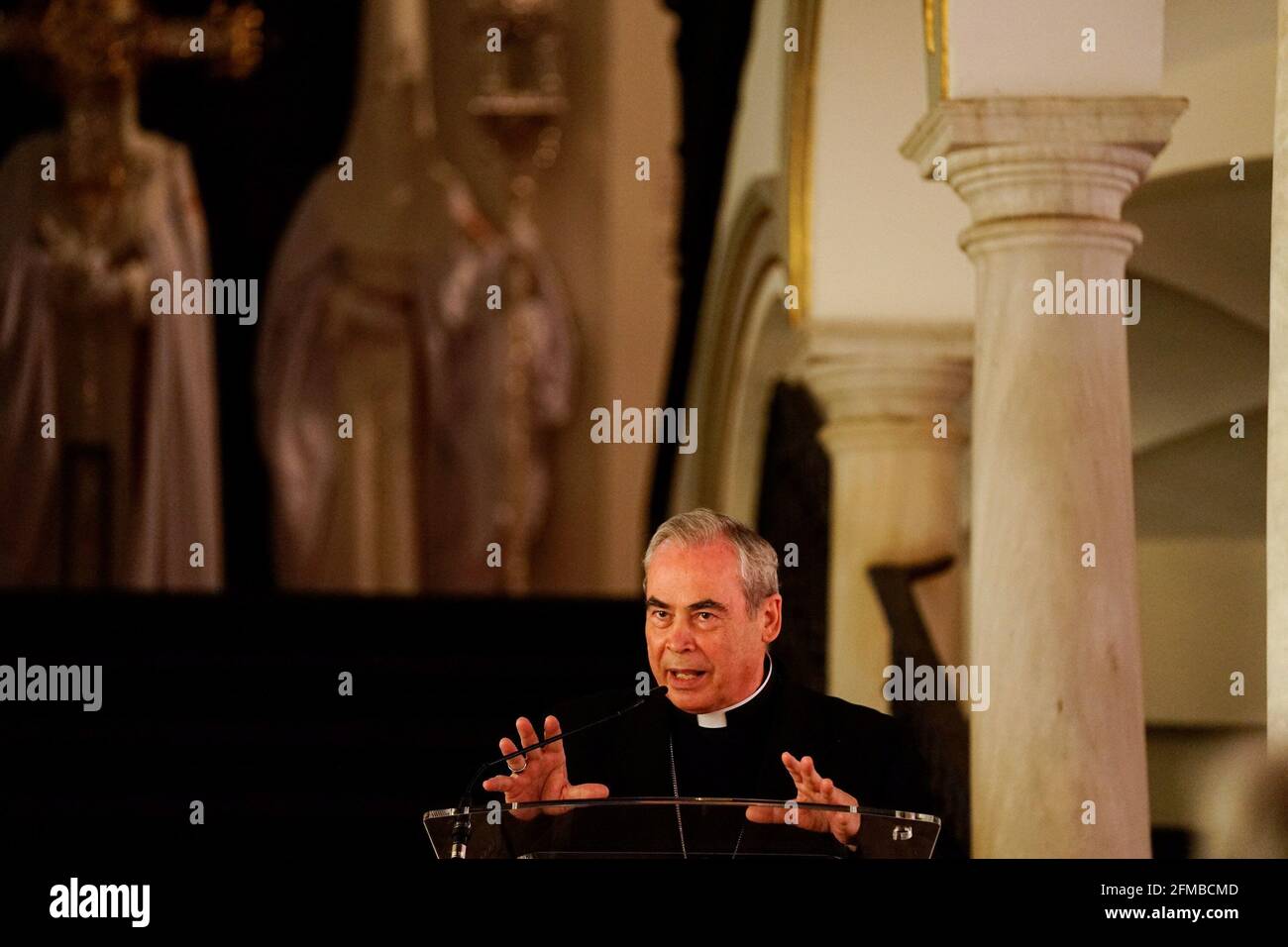 Malaga, Spain. 07th May, 2021. Malaga Bishop, Jesus Catala Ibañez seen speaking during the exhibition at Centro Cultural Fundacion Unicaja.'Un siglo de esplendor' is an exhibition that shows the artistic heritage of the Holy Week brotherhoods of Malaga and is one of the events organized by Agrupacion de Cofradias de Semana Santa de Malaga for the centenary of the institution. (Photo by Francis Gonzalez/SOPA Images/Sipa USA) Credit: Sipa USA/Alamy Live News Stock Photo