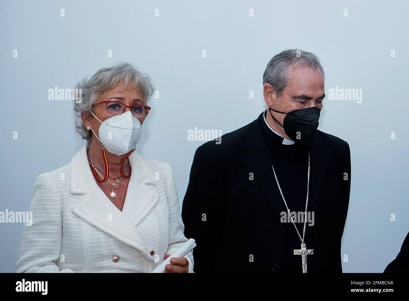 Malaga, Spain. 07th May, 2021. Council of Malaga City Hall, Teresa Porras and Malaga Bishop, Jesus Catala Ibañez seen during the exhibition at Centro Cultural Fundacion Unicaja.'Un siglo de esplendor' is an exhibition that shows the artistic heritage of the Holy Week brotherhoods of Malaga and is one of the events organized by Agrupacion de Cofradias de Semana Santa de Malaga for the centenary of the institution. (Photo by Francis Gonzalez/SOPA Images/Sipa USA) Credit: Sipa USA/Alamy Live News Stock Photo