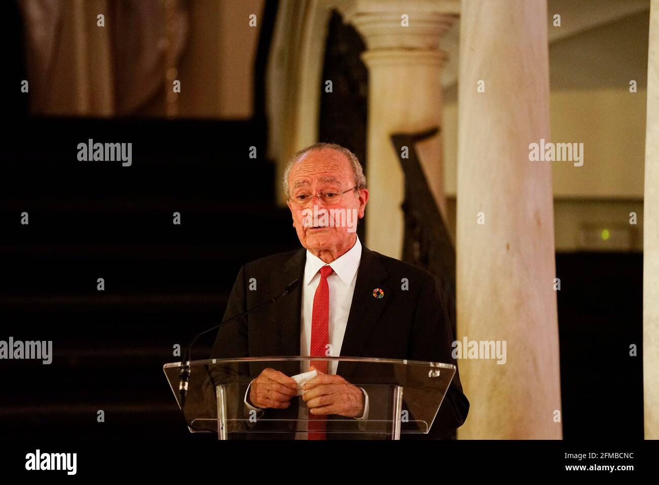 Malaga, Spain. 07th May, 2021. Mayor of Malaga, Francisco de la Torre Prados seen speaking during the exhibition at Centro Cultural Fundacion Unicaja. 'Un siglo de esplendor' is an exhibition that shows the artistic heritage of the Holy Week brotherhoods of Malaga and is one of the events organized by Agrupacion de Cofradias de Semana Santa de Malaga for the centenary of the institution. (Photo by Francis Gonzalez/SOPA Images/Sipa USA) Credit: Sipa USA/Alamy Live News Stock Photo
