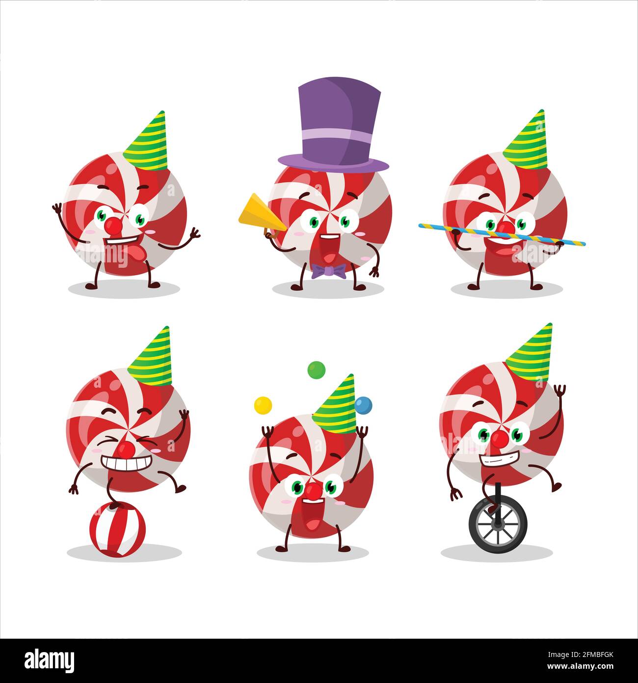 Cartoon character of red candy with various circus shows. Vector