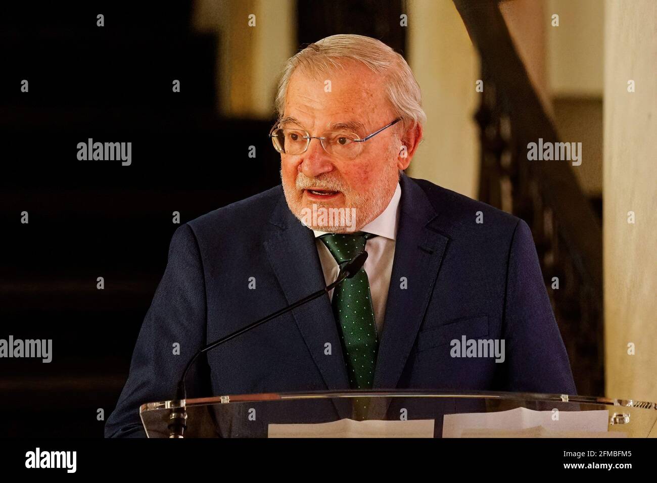 Malaga, Spain. 07th May, 2021. President of Unicaja, Manuel Azuaga speaking during the exhibition at Centro Cultural Fundacion Unicaja. 'Un siglo de esplendor' is an exhibition that shows the artistic heritage of the Holy Week brotherhoods of Malaga and is one of the events organized by Agrupacion de Cofradias de Semana Santa de Malaga for the centenary of the institution. Credit: SOPA Images Limited/Alamy Live News Stock Photo