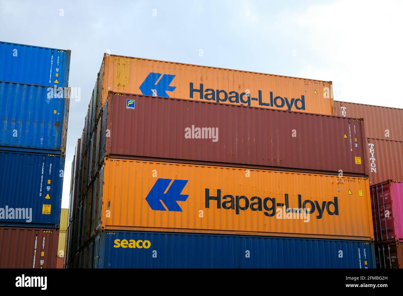 Cologne, North Rhine-Westphalia, Germany - Hapag-Lloyd Container, transport and logistics company, container warehouse at the container terminal, Port of Cologne Niehl. Stock Photo