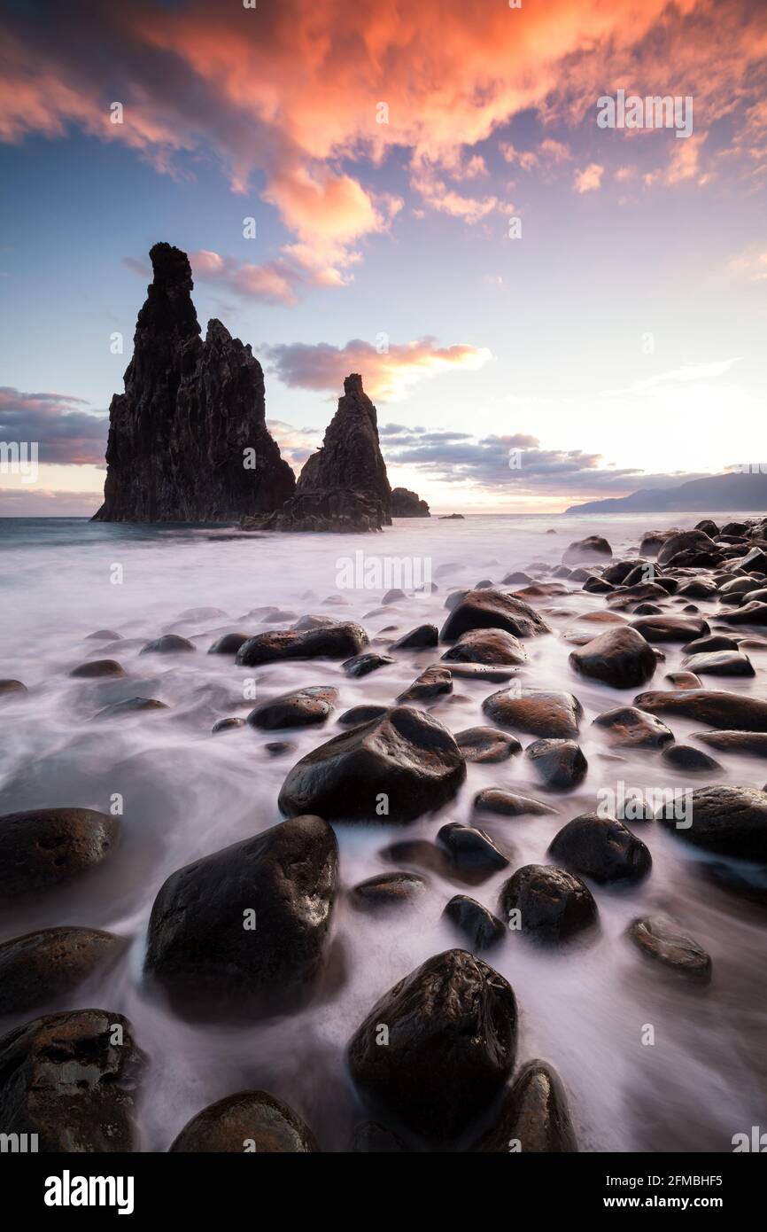 A rock needle in Madeira at sunrise called Ribeira da Janela. Stock Photo