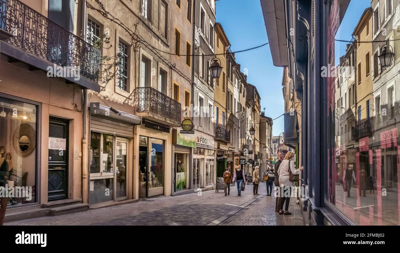 Pedestrian street Rue Droit in Narbonne in spring. Stock Photo