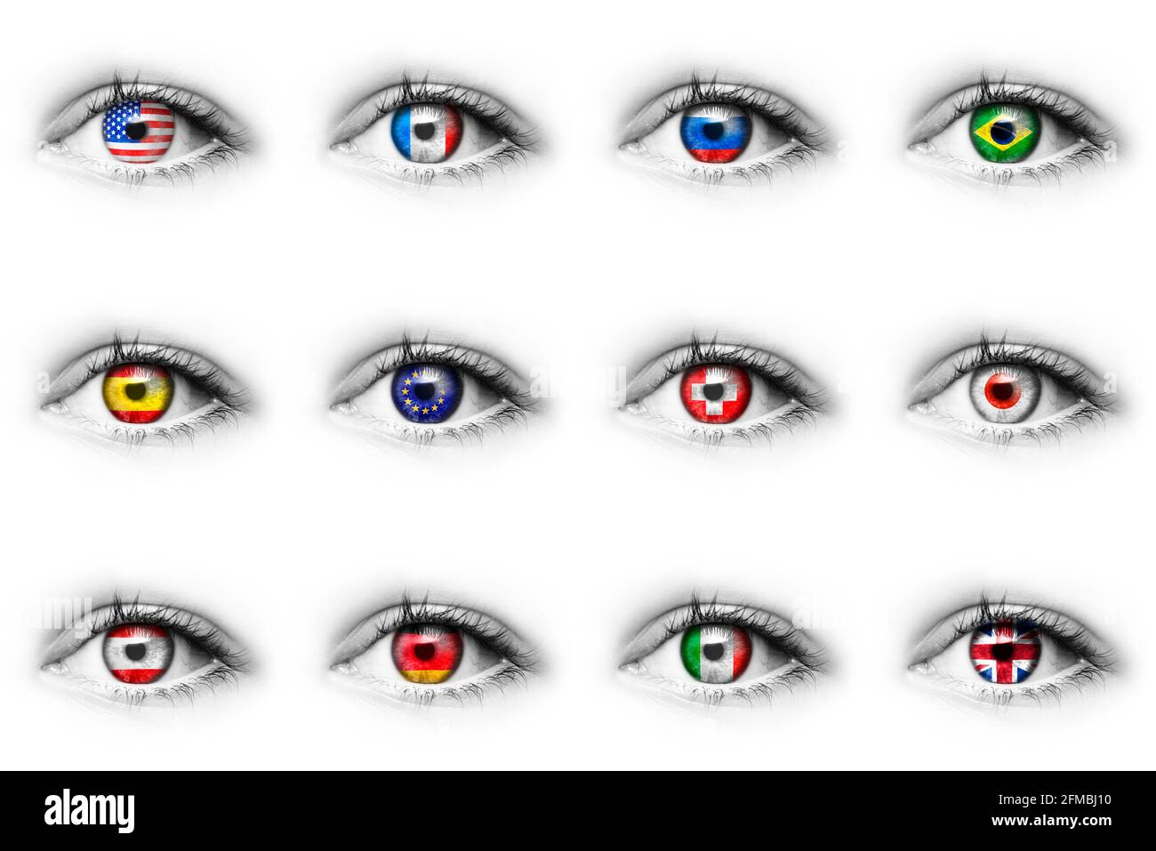 Eye with various national flags in the iris Stock Photo