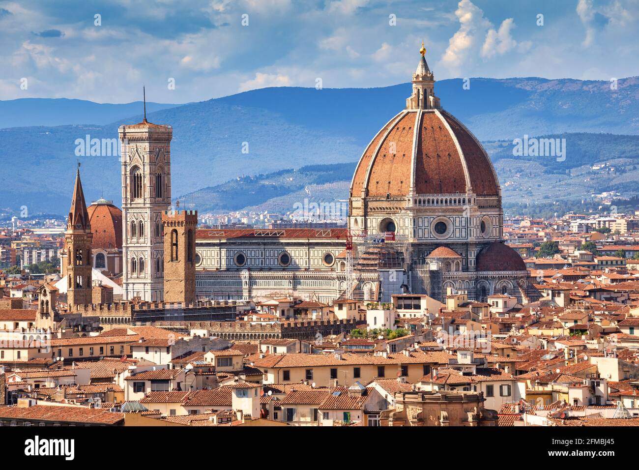 Brunelleschi's Dome, the nave, and Giotto's Campanile of the Cathedral of Saint Mary of the Flower as seen from Michelangelo Hill, Florence, Tuscany, Italy, Europre Stock Photo