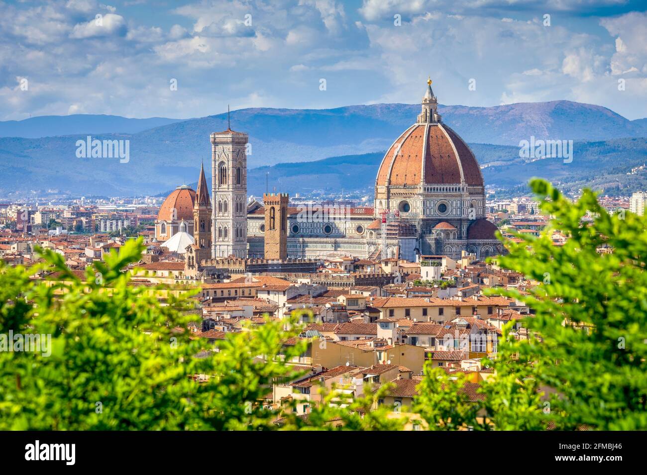 Brunelleschi's Dome, the nave, and Giotto's Campanile of the Cathedral of Saint Mary of the Flower as seen from Michelangelo Hill, Florence, Tuscany, Italy, Europre Stock Photo