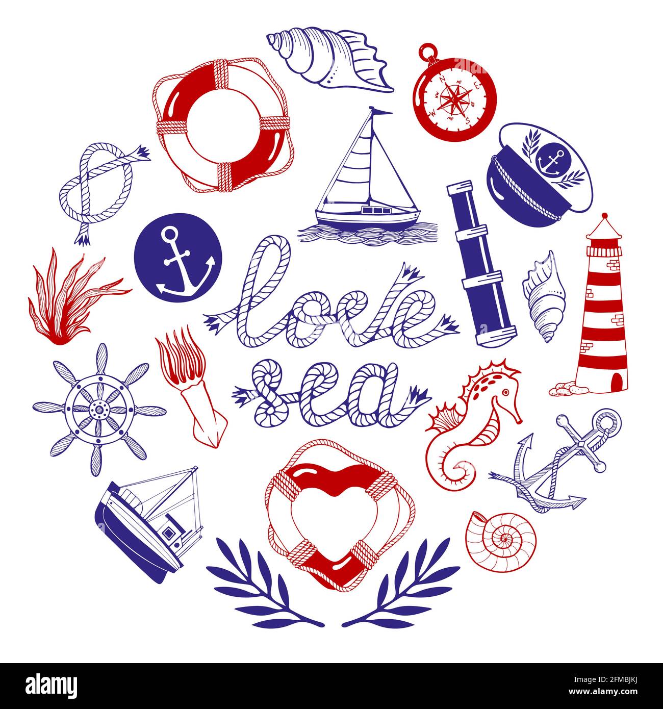 Nautical doodle set in red and blue colors with lettering LOVE SEA. Circle with marine theme illustrations. Stock Vector