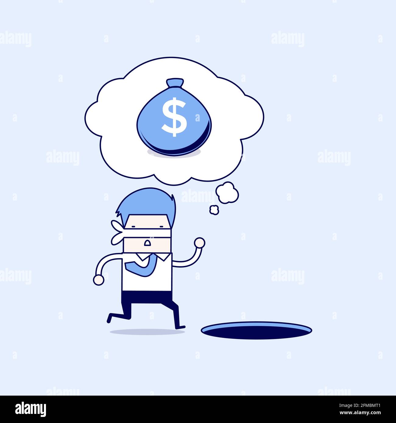 Blindfolded businessman running to find money with pit hole. Cartoon character thin line style vector. Stock Vector