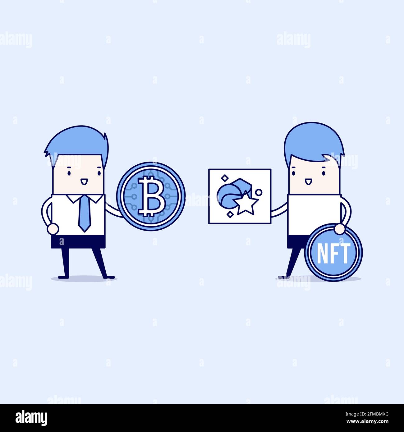 Technology of selling NFT tokens for cryptocurrency. Male artist or art dealer sells artworks online. Buyers hands gives bitcoin. Cartoon character th Stock Vector