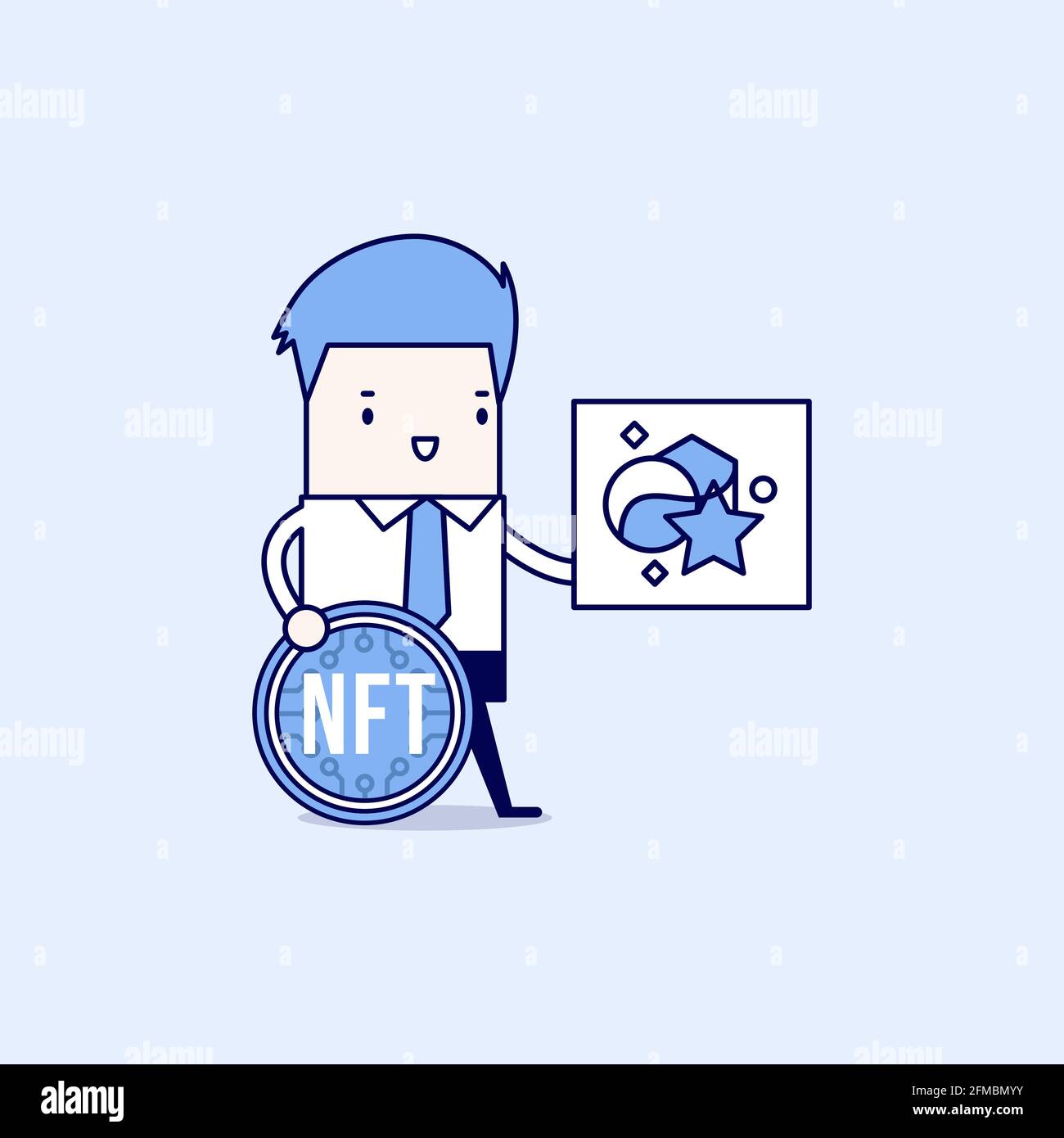 Technology of selling NFT tokens for cryptocurrency. Businessman sells artworks online. Cartoon character thin line style vector. Stock Vector