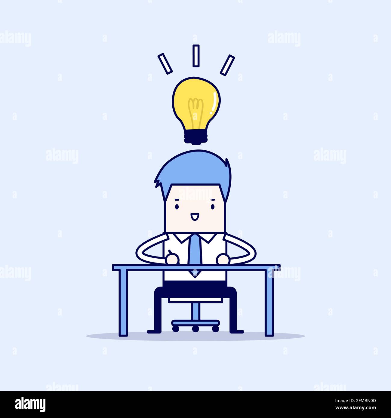 Businessman sketch his work on paper with light bulb ideas. Cartoon character thin line style vector. Stock Vector
