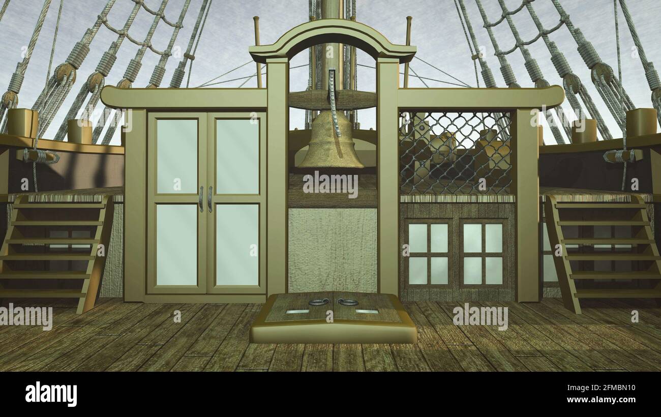 pirate ship control deck with door and hatch for access to the galley