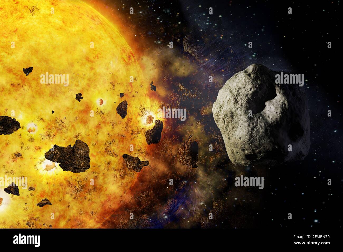Fragments of a meteorite near the sun, huge stone rocks fly at the space. Elements of this image furnished by NASA. Stock Photo