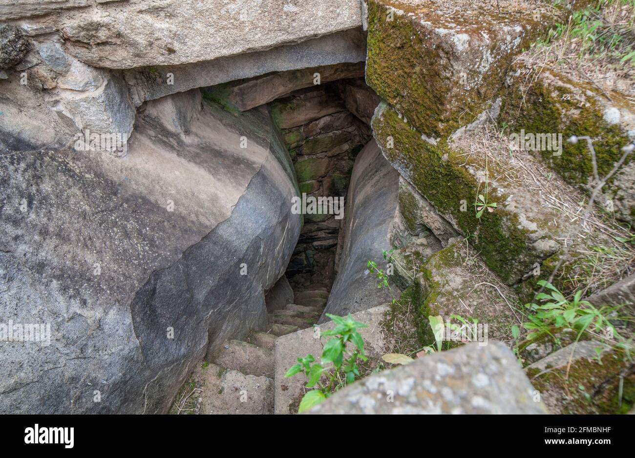 Hijovejo archaeological site. Spring water access. Fortified roman enclosure on top granite scree. Quintana de la Serena, Extremadura, Spain Stock Photo