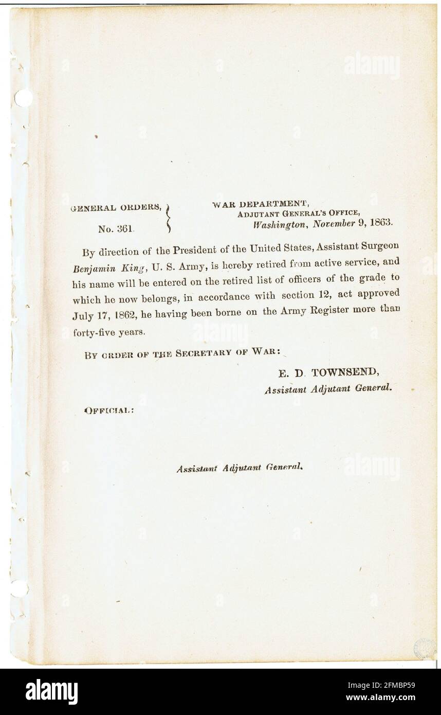 CSA - USA - Civil War - Guerre de Secession general order n°361 du 9 novembre 1863 Stock Photo