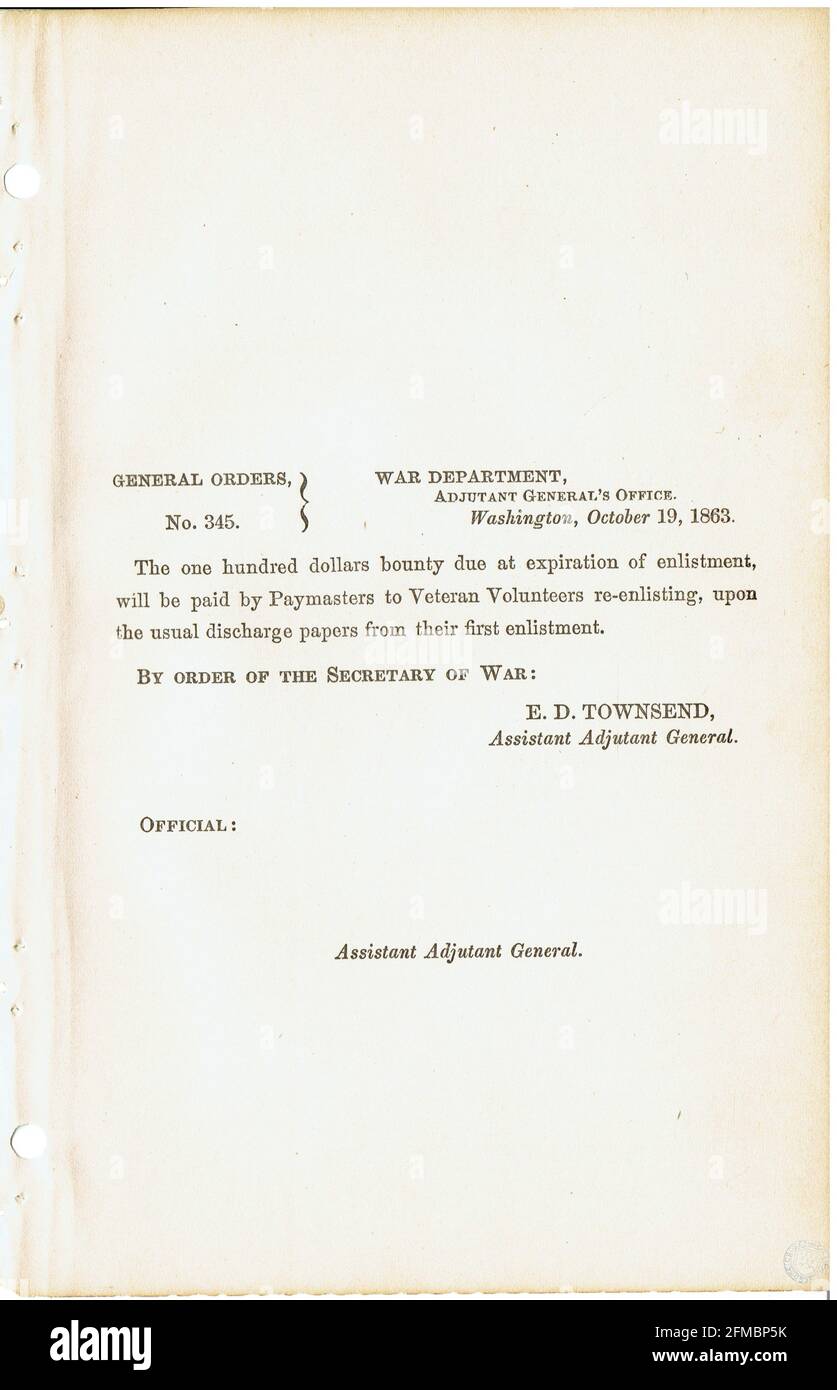 CSA - USA - Civil War - Guerre de Secession general order n°345 du 19 octobre 1863 Stock Photo