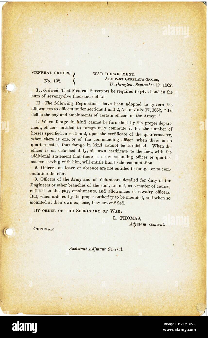 CSA - USA - Civil War - Guerre de Secession general order n°132 du 17 septembre 1862 Stock Photo