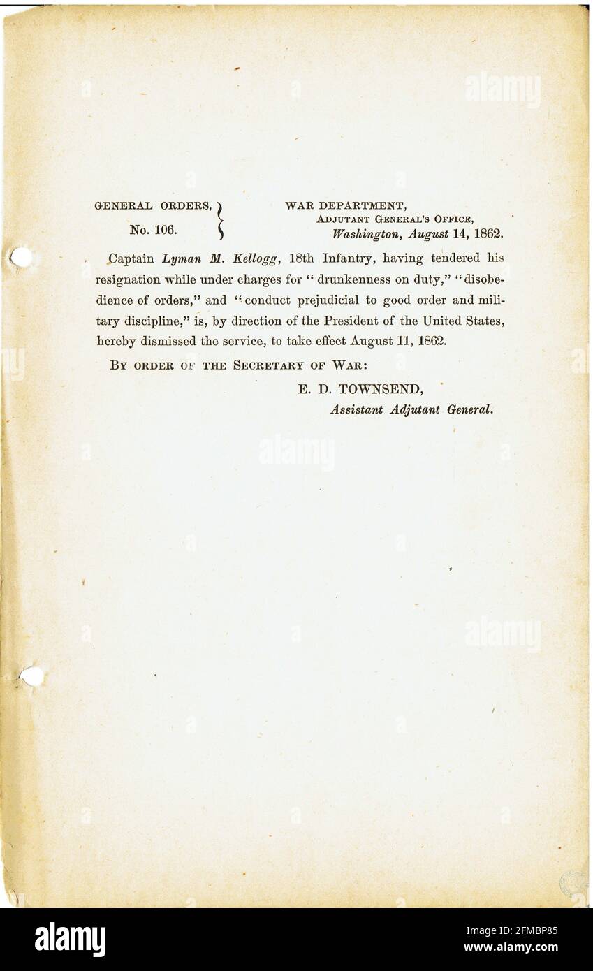 CSA - USA - Civil War - Guerre de Secession general order n°106 du 14 août 1862 Stock Photo