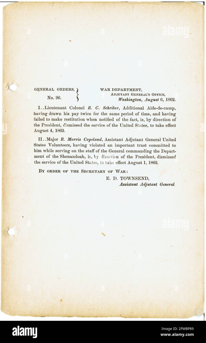 CSA - USA - Civil War - Guerre de Secession general order n°96 du 6 août 1862 Stock Photo