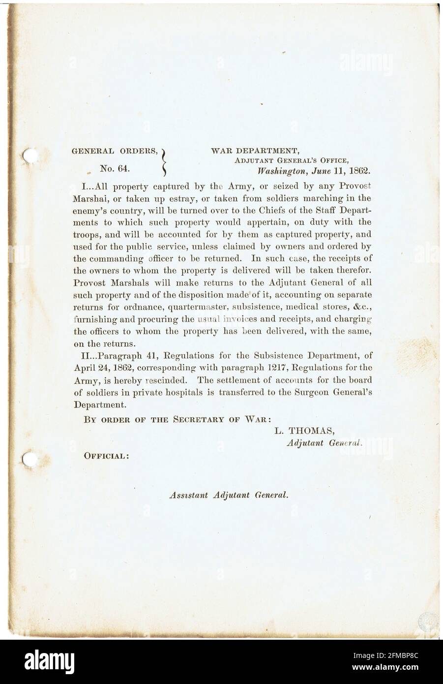 CSA - USA - Civil War - Guerre de Secession general order n°64 du 11 juin 1862 Stock Photo