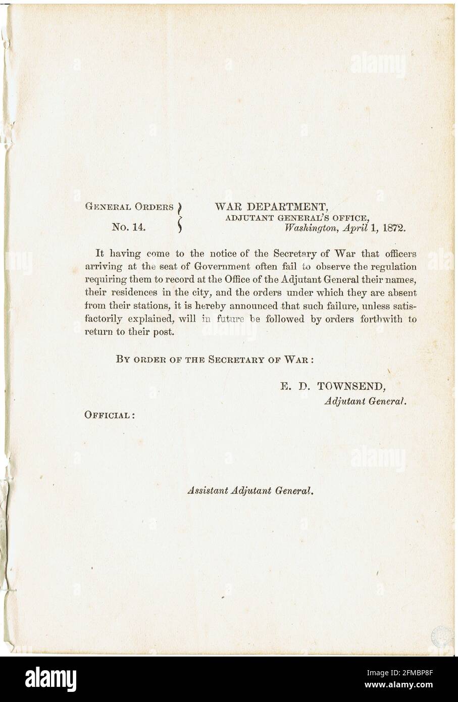 CSA - USA - Civil War - Guerre de Secession general order n°14 du 1er avril 1862 Stock Photo