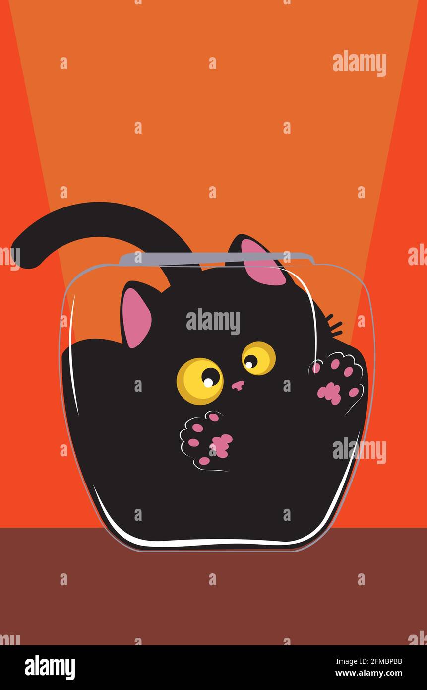 Cute cartoon black cat trapped in the glass bowl background Stock ...