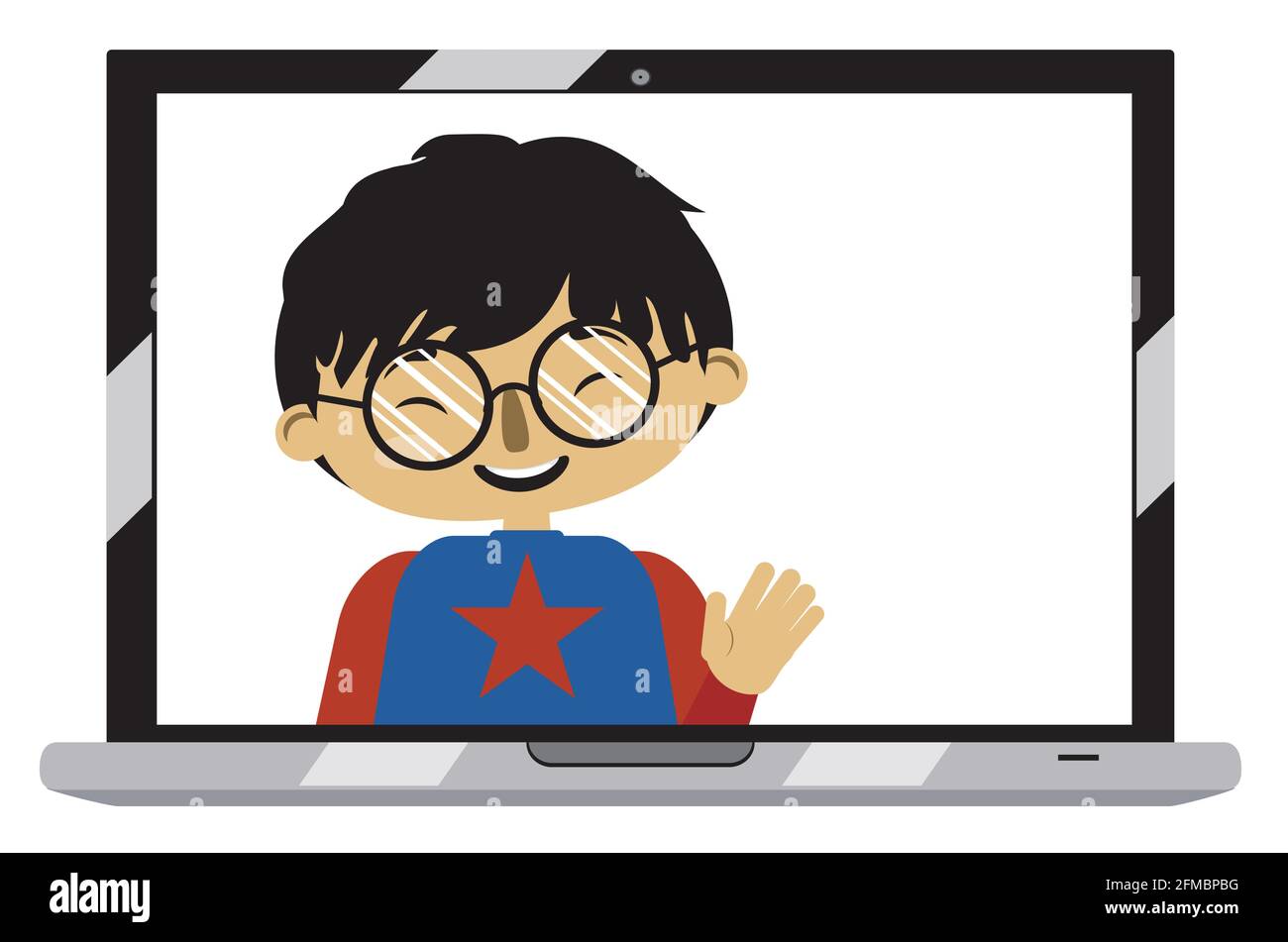 Cartoon asian boy on laptop screen, chatting online, distance