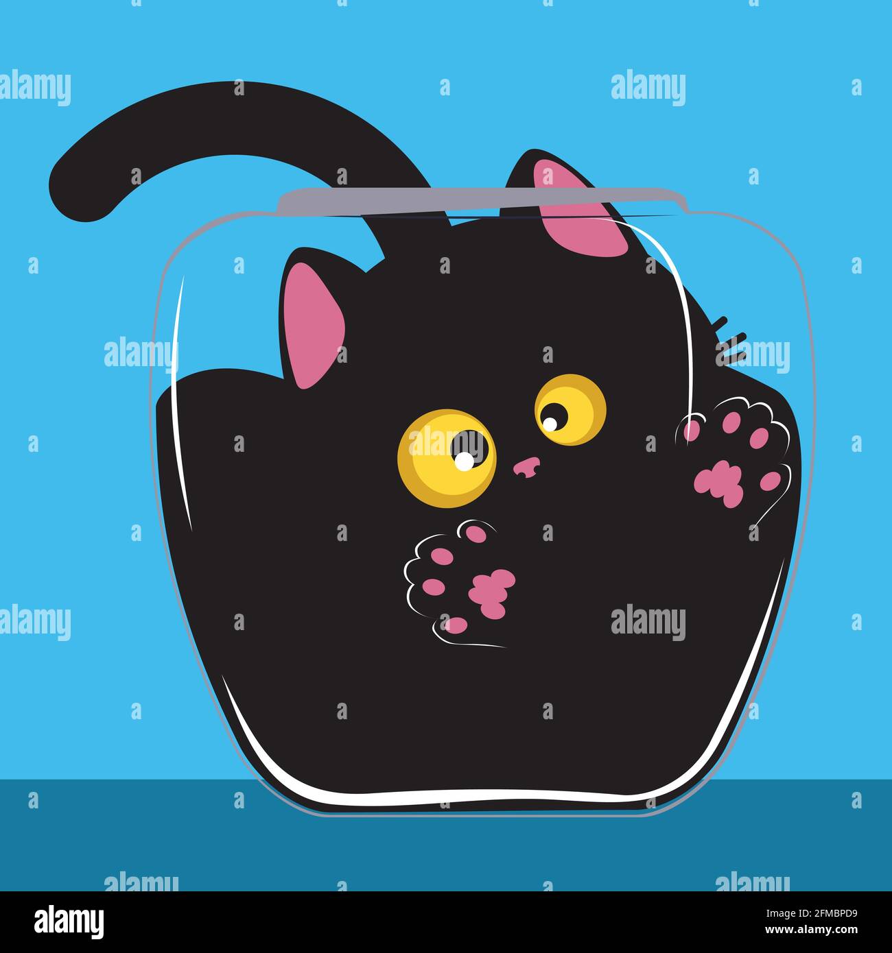 Cute cartoon black cat trapped in the glass bowl background Stock