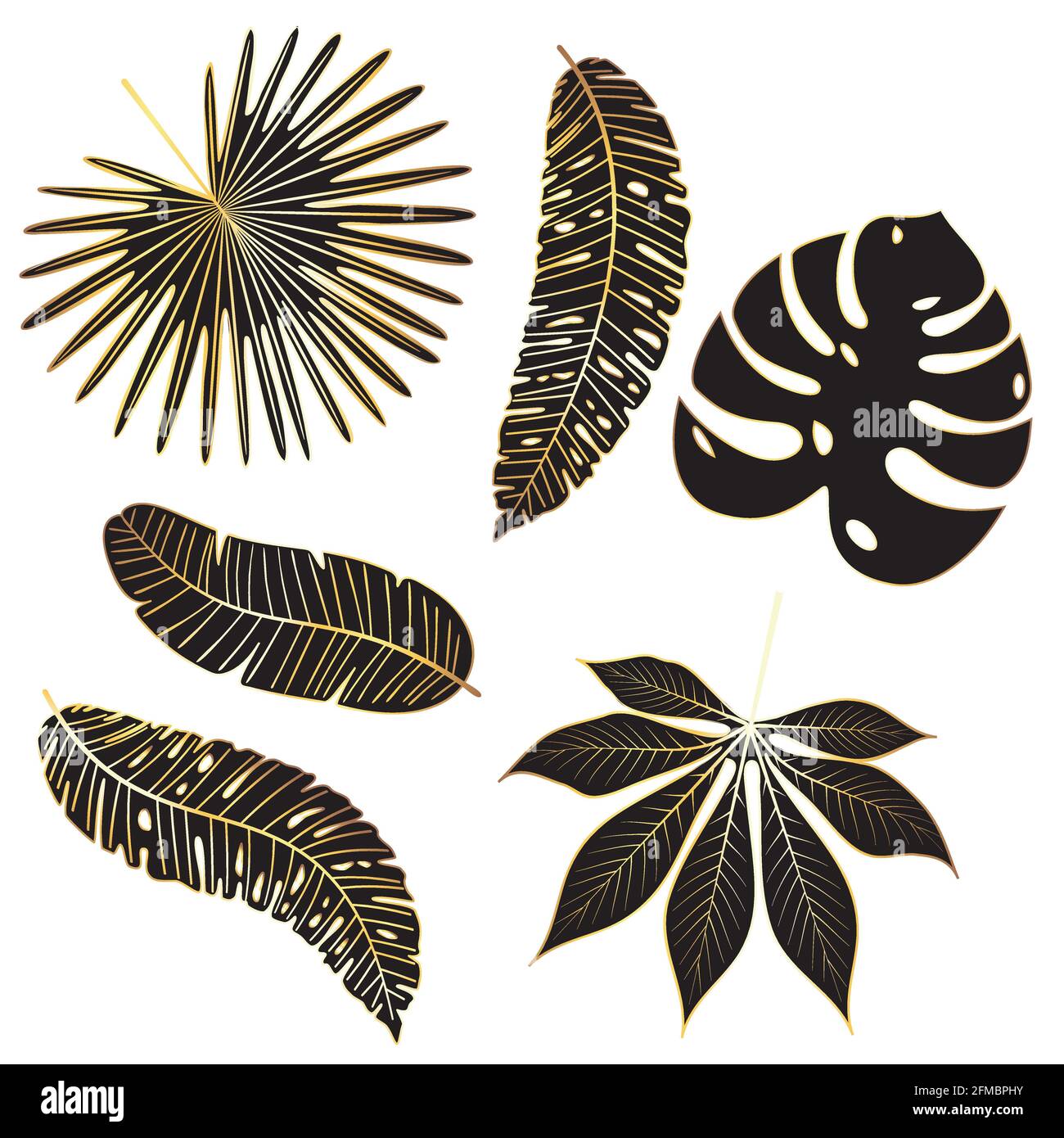 Abstract golden tropical leaves set, decorative illustration Stock ...