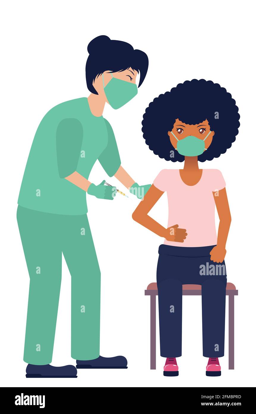 Cartoon nurse and black woman wearing a face mask getting vaccination shot  injection Stock Vector Image & Art - Alamy
