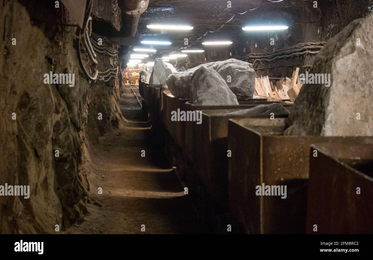 Big salt blocks being transported during mining Stock Photo