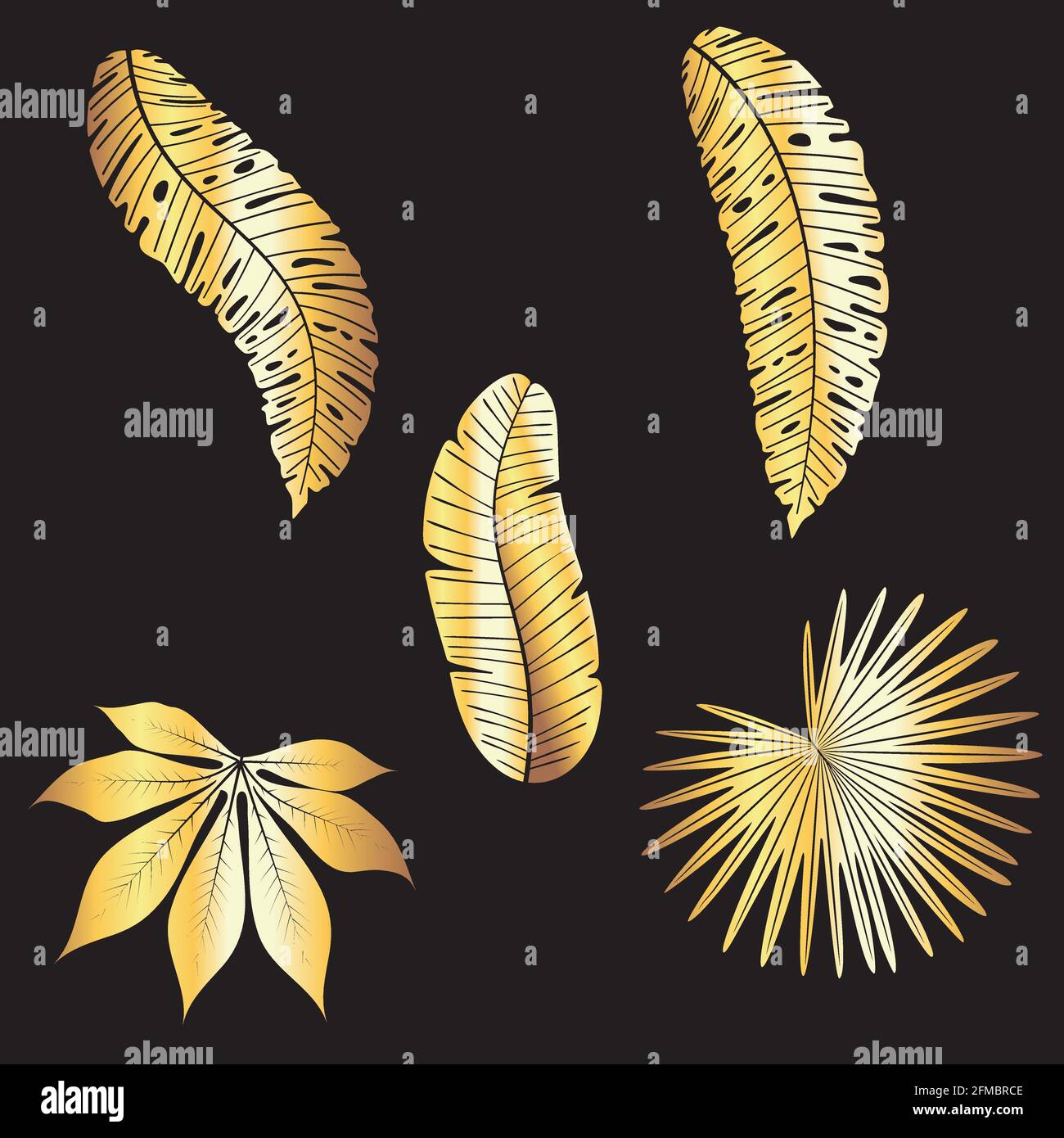 Abstract golden tropical leaves set, decorative illustration Stock ...