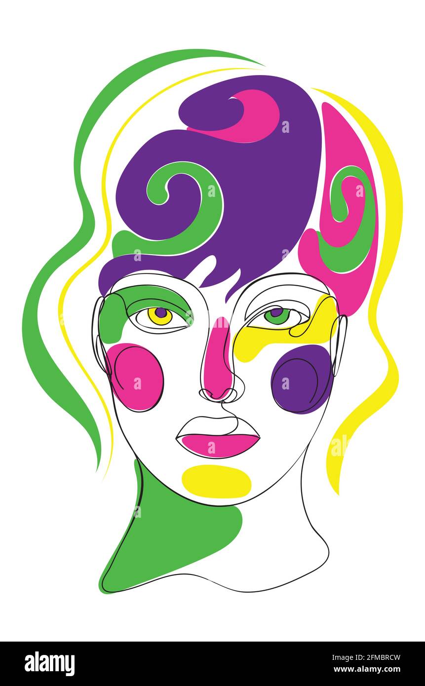 Contemporary line art style female portrait with colorful abstract ...