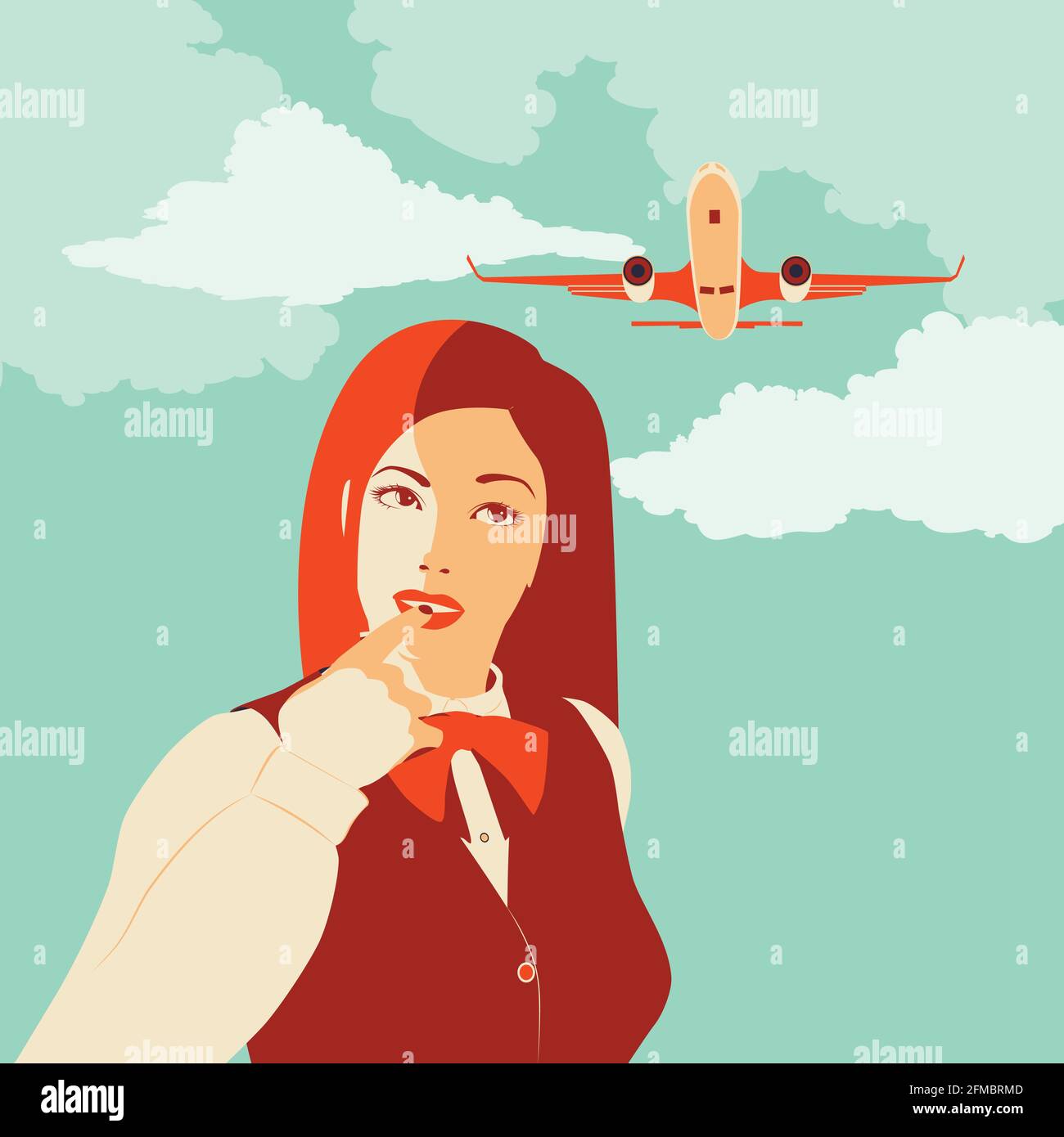 Vintage illustration with woman and airplane in the sky, traveling themed design. Stock Vector