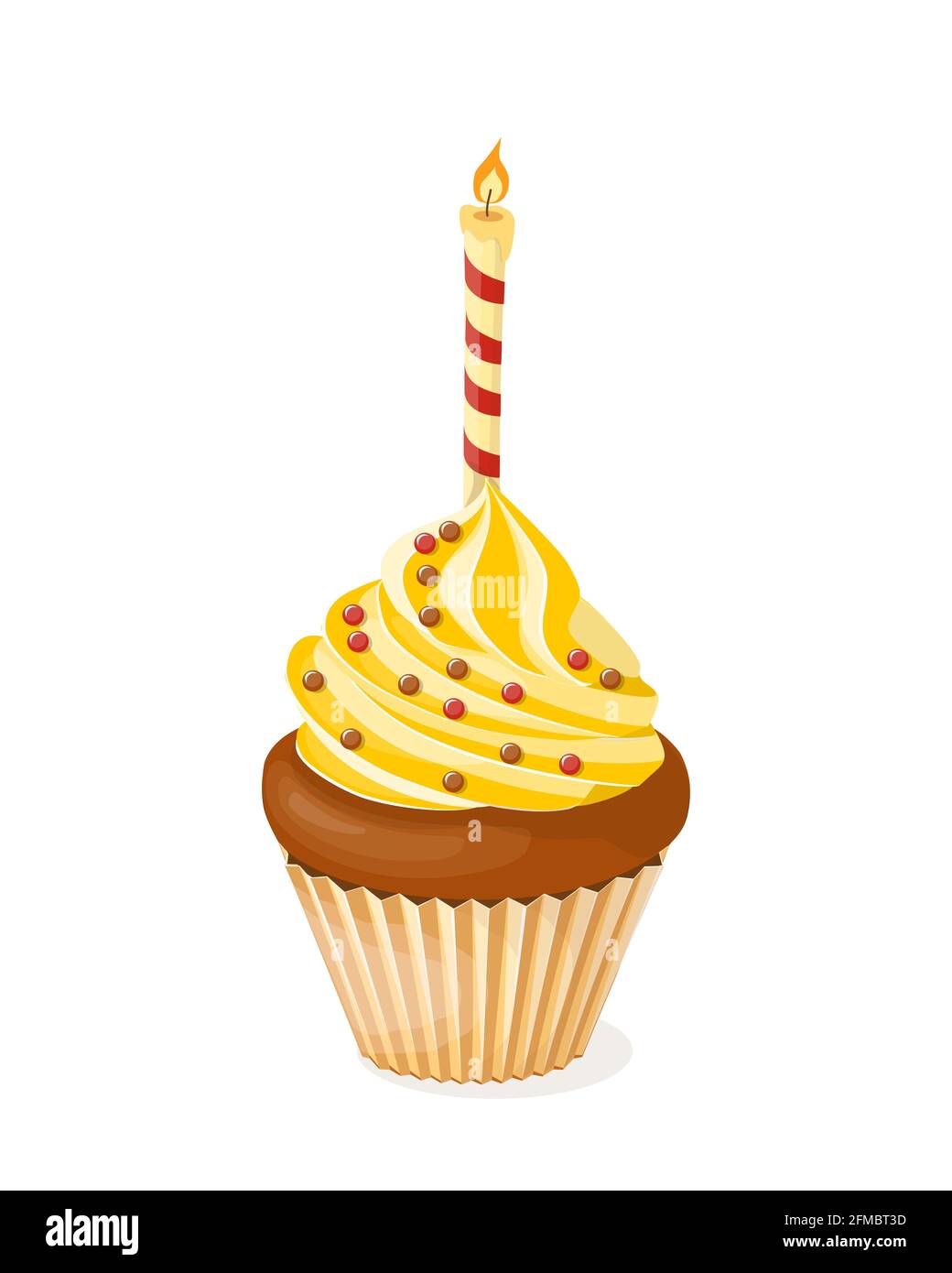 Realistic isolated colorful cupcake with candle and balls on the white background. Vector illustration for tea party invitation or birthday card, swee Stock Photo