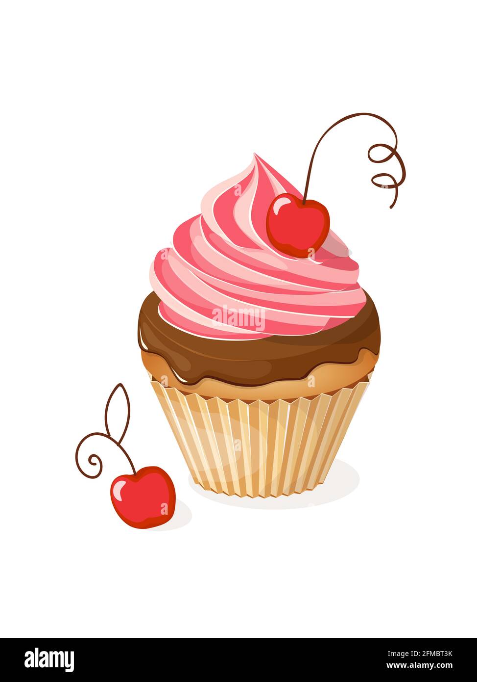 Realistic isolated colorful cupcake with cherry on the white background. Vector illustration for tea party invitation or birthday card, sweet menu of Stock Photo