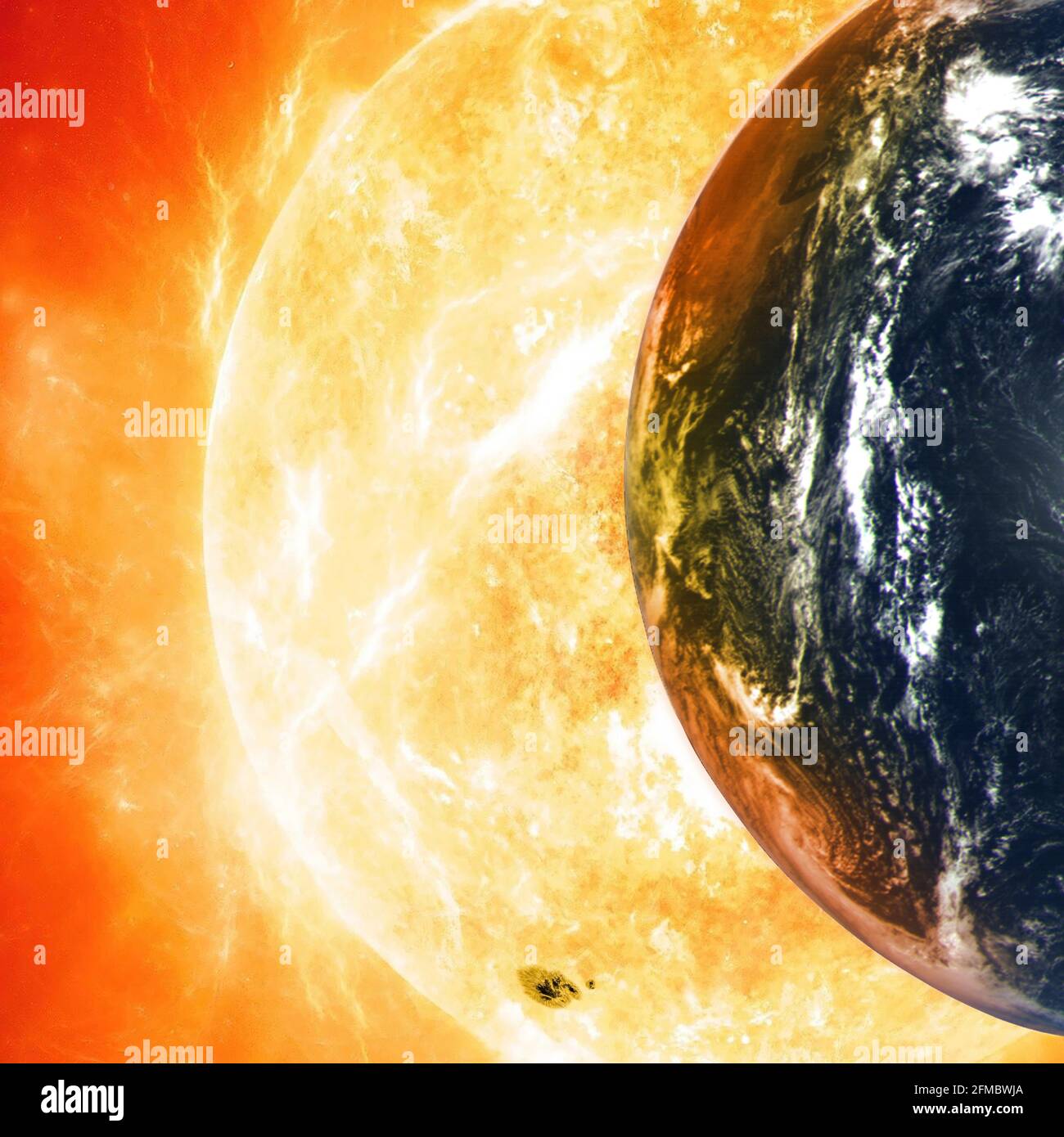 Planet Earth against the backdrop of a giant Sun. Elements of this image furnished by NASA. Stock Photo