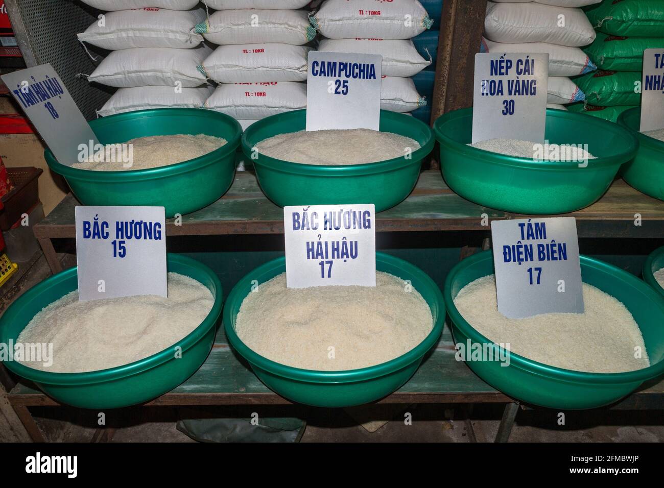 Different grades of rice, Fresh produce market, Hanoi, Vietnam Stock