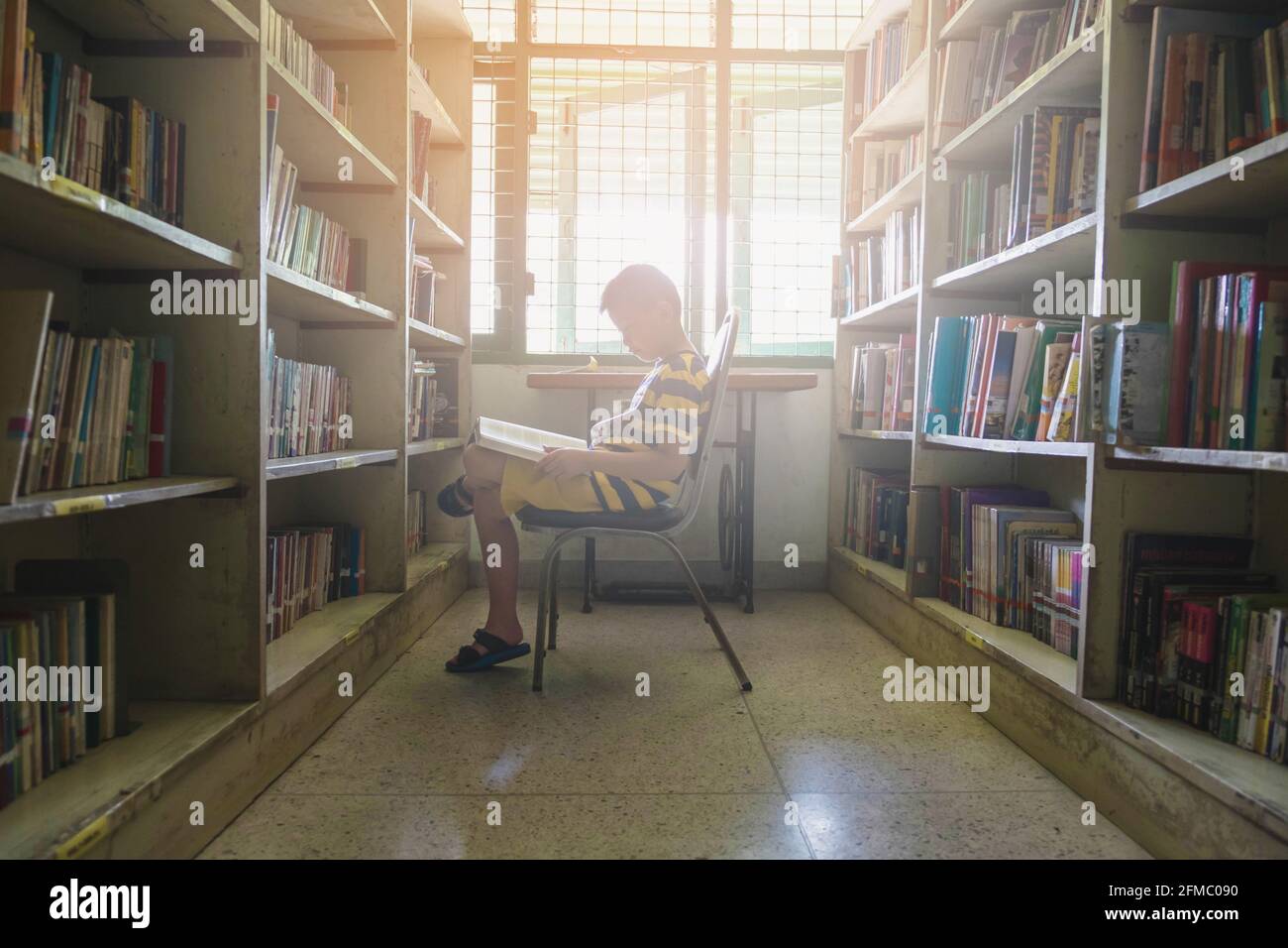 A boy reading a book in the library Stock Photo
